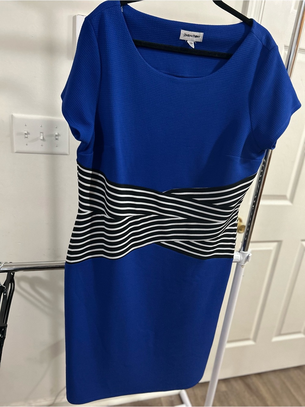 Shelby & Palmer Royal Blue Dress with Black and White Striped Waist